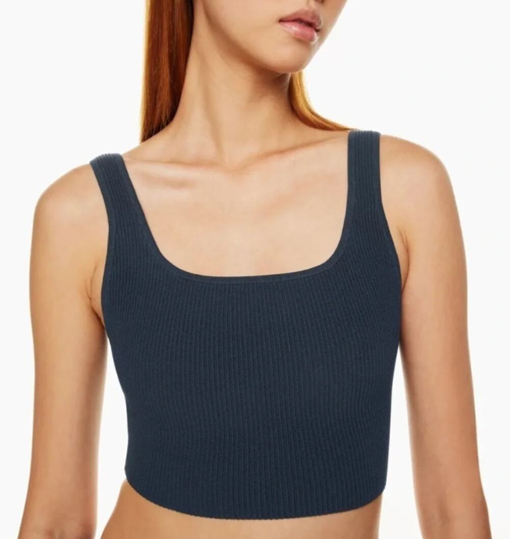 BABATON Sculpt Knit Cropped Tank Dark Teal Square Neck Ribbed Women's M